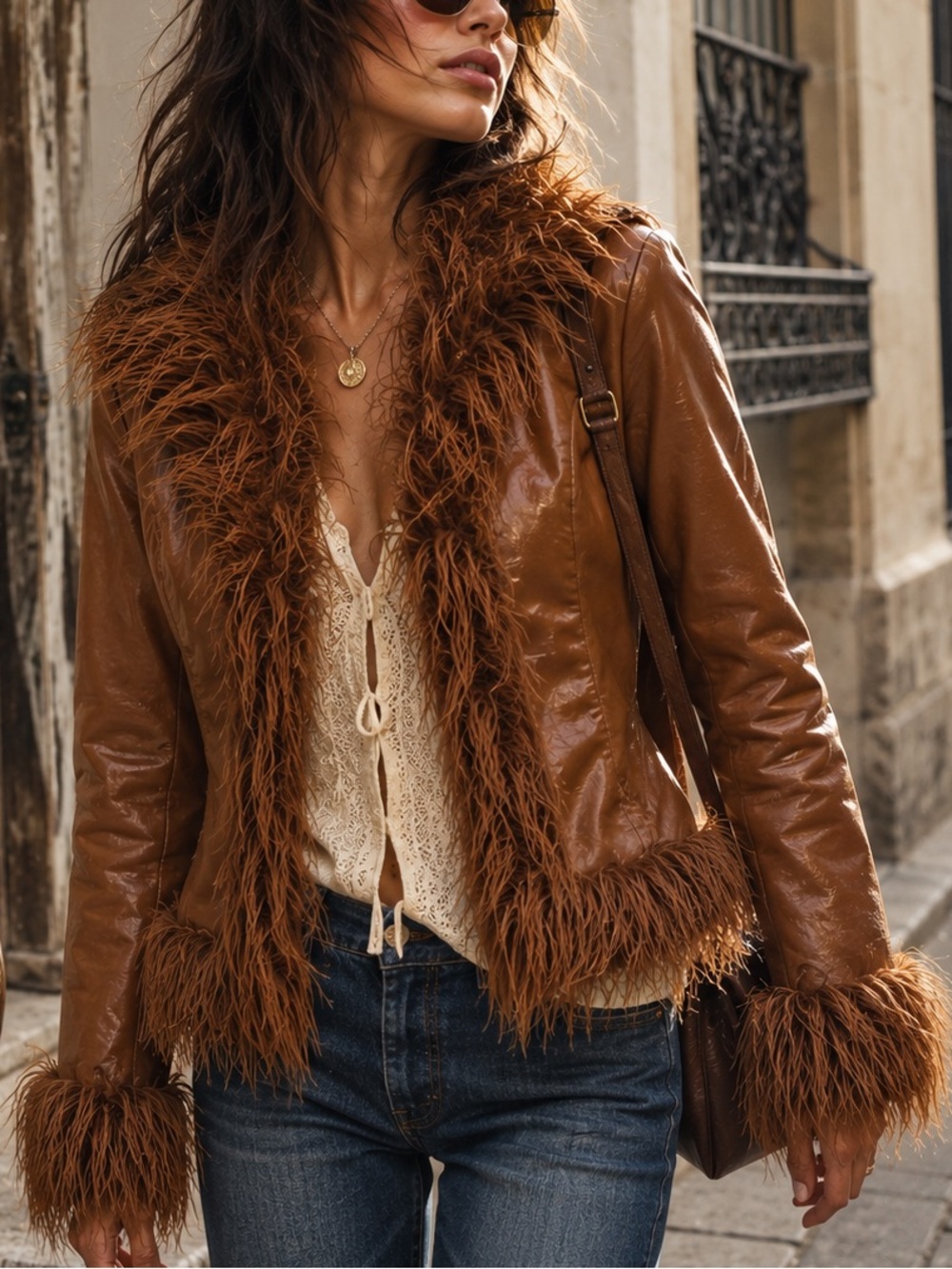 Jennyfer J Y2K Vintage Brown Faux Leather Faux Fur Trim Jacket Coat L
